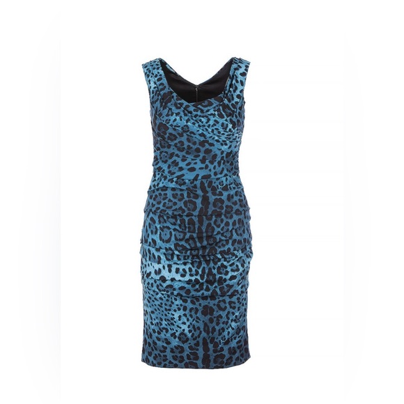 D&G Dolce & Gabbana Silk Teal & Black LEOPARD Print Knee Length Pencil Dress - Picture 1 of 15